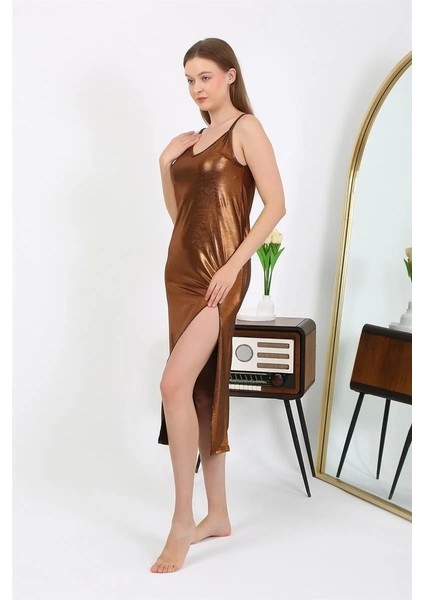Kadın Ip Askılı Uzun Parlak Micro Elbise Gecelik Kahverengi