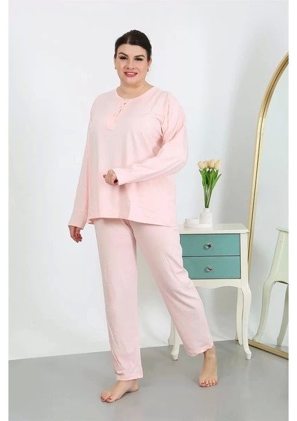 Kadın Büyük Beden Uzun Kol Penye Pijama Takımı Pembe modelleri
