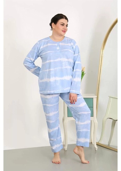 Kadın Büyük Beden Uzun Kol Penye Pijama Takımı Mavi