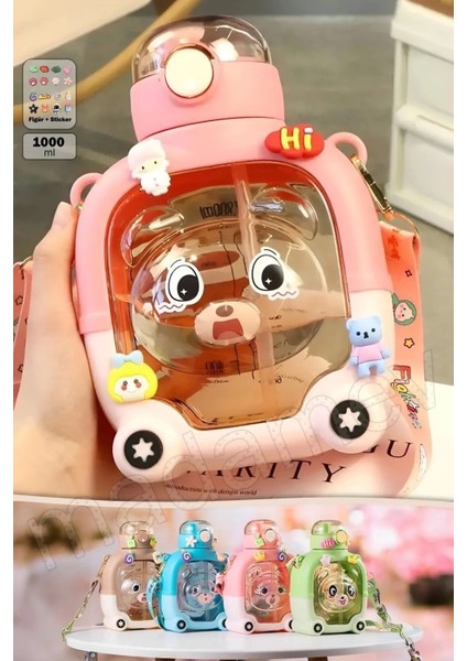Pembe Ayıcık Su Matarası 1000 Ml, Okul Kapaklı, Sticker Hediyeli