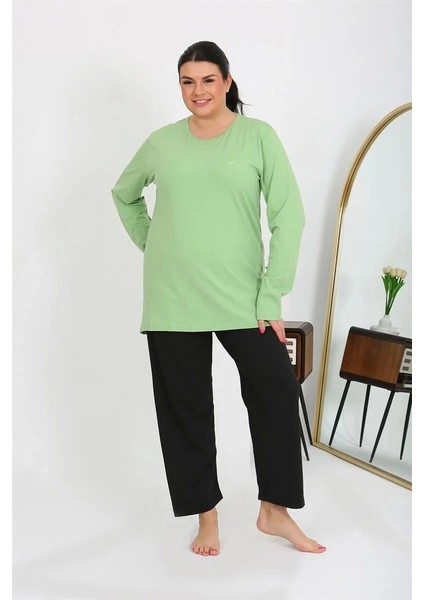 Kadın Büyük Beden Uzun Kol Penye Pijama Takımı Fıstık Yeşili fiyatları
