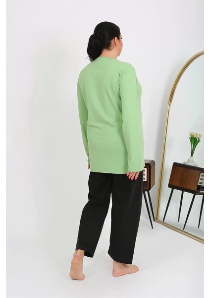 Kadın Büyük Beden Uzun Kol Penye Pijama Takımı Fıstık Yeşili