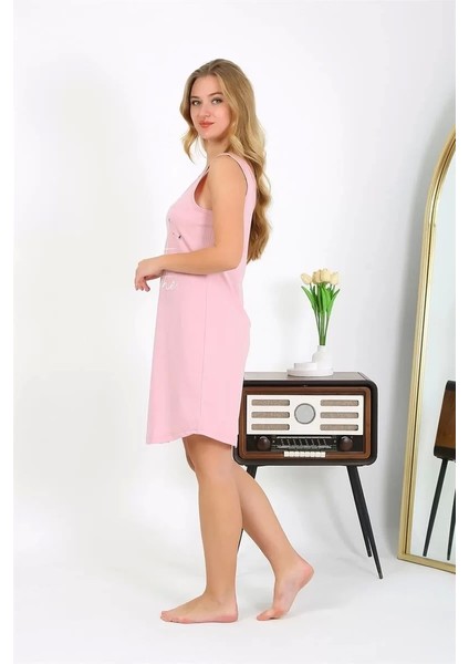 Kadın Kalın Askılı Penye Gecelik Pembe