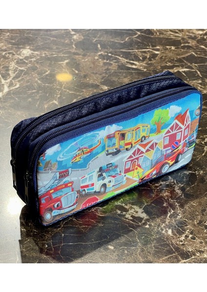 Mavi Desenli Çocuk Kalemlik, Helikopter ve Araba Detaylı, Çift Bölmeli, 21X11X6CM
