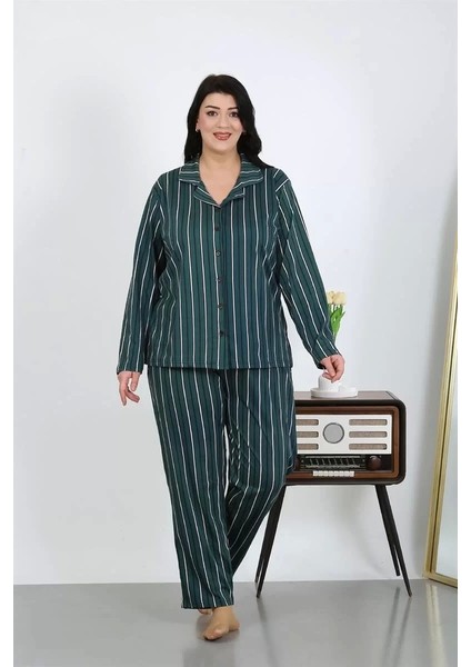 Kadın Büyük Beden Pamuklu Cepli Düğmeli Petrol Pijama Takım modelleri