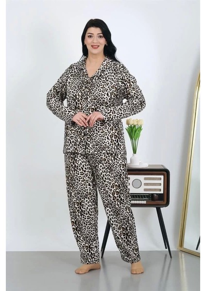 Kadın Büyük Beden Pamuklu Cepli Düğmeli Kahve Pijama Takım modelleri