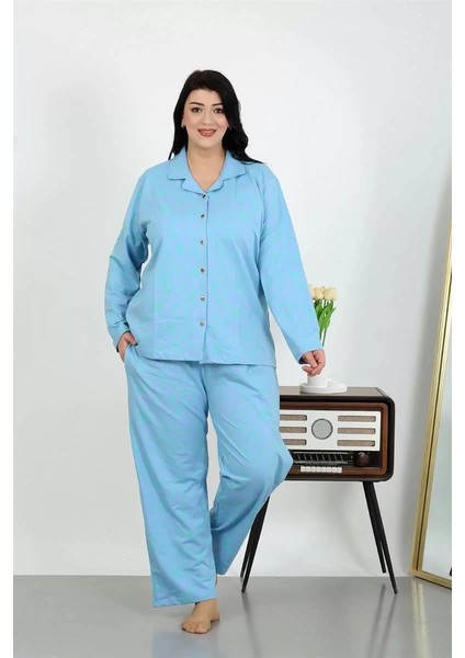 Kadın Büyük Beden Pamuklu Cepli Düğmeli Mavi Pijama Takım fiyatları