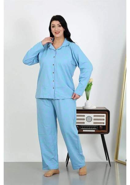 Kadın Büyük Beden Pamuklu Cepli Düğmeli Mavi Pijama Takım modelleri