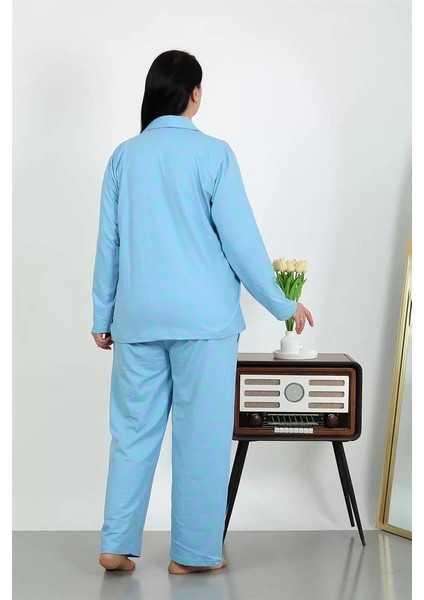 Kadın Büyük Beden Pamuklu Cepli Düğmeli Mavi Pijama Takım