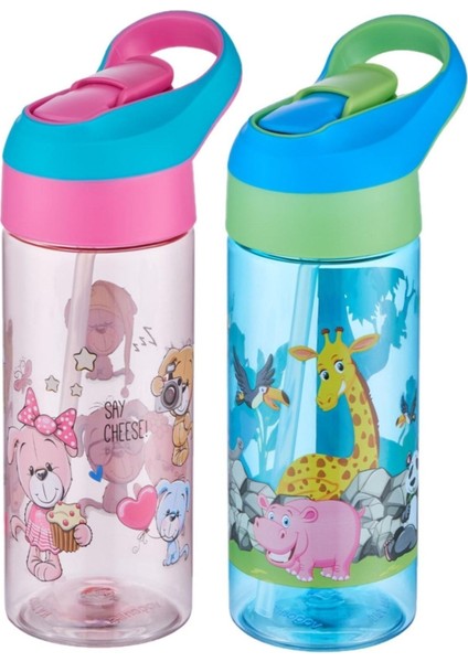 Pembe Çocuk 2'li 500ML Tritan Su Matara Seti, Kalın Pipetli, Sağlıklı ve Şık