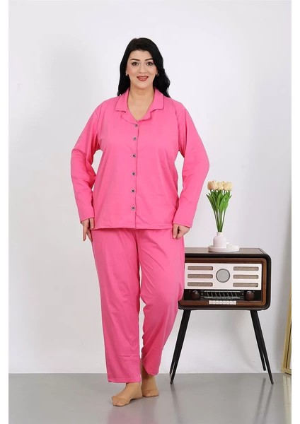 Kadın Büyük Beden Pamuklu Cepli Düğmeli Pembe Pijama Takım