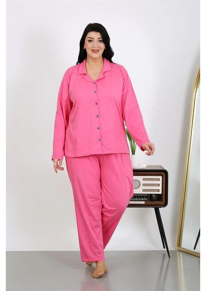 Kadın Büyük Beden Pamuklu Cepli Düğmeli Pembe Pijama Takım modelleri