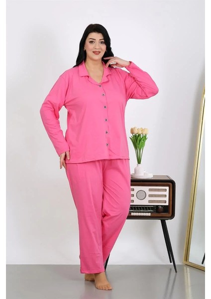 Kadın Büyük Beden Pamuklu Cepli Düğmeli Pembe Pijama Takım fırsatları