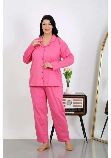 Kadın Büyük Beden Pamuklu Cepli Düğmeli Pembe Pijama Takım indirimleri