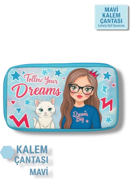 Mavi Renk Çift Gözlü Şık Kalem ve Okul Cüzdanı, Kullanışlı ve Şık Tasarım