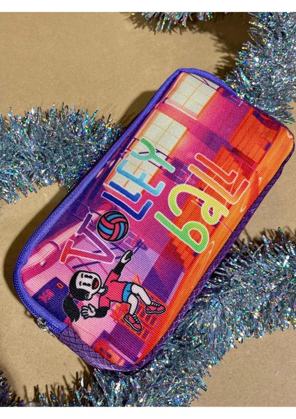 Çocuklar Için Renkli Volleybol Spor Desenli Çift Bölmeli Kalemlik 21X11X6CM