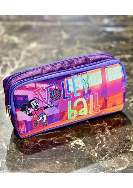 Çocuklar Için Renkli Volleybol Spor Desenli Çift Bölmeli Kalemlik 21X11X6CM modelleri
