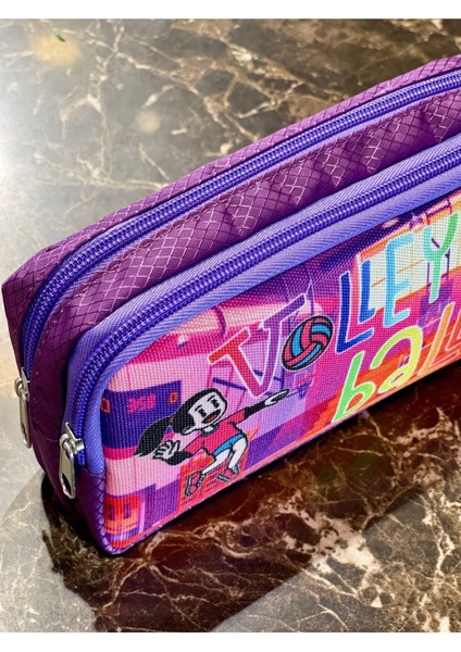 Çocuklar Için Renkli Volleybol Spor Desenli Çift Bölmeli Kalemlik 21X11X6CM