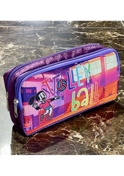 Çocuklar Için Renkli Volleybol Spor Desenli Çift Bölmeli Kalemlik 21X11X6CM