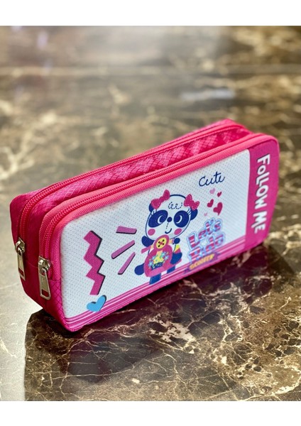 Sevimli Panda Desenli Iki Bölmeli Çocuk Kalem Kutusu, Pembe Renk, 21X11X6 cm