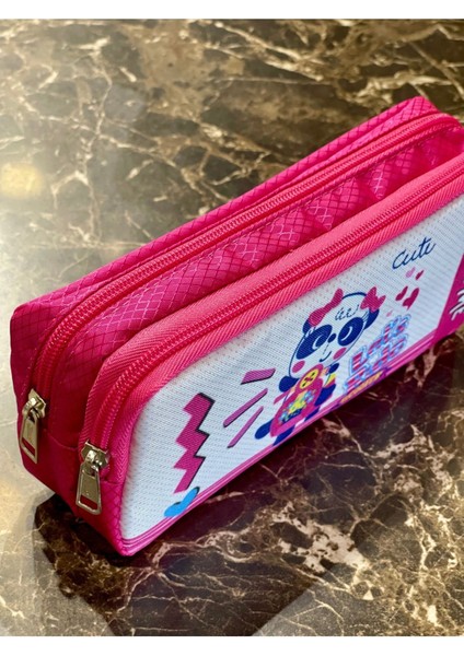 Sevimli Panda Desenli Iki Bölmeli Çocuk Kalem Kutusu, Pembe Renk, 21X11X6 cm modelleri