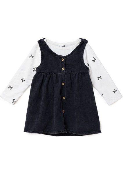 Kız Bebek Monochrome Elbise Tshirt Düğmeli Denim Atlet Kol