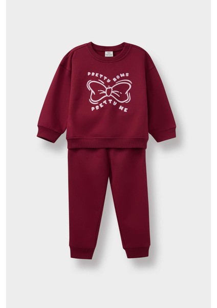 Kız Bebek 2'li Takım İçi Yumuşak Tüylü Baskılı Sweatshirt Eşofman Altı