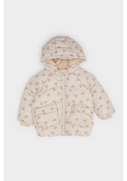 Kız Bebek Rüzgar Geçirmez Su Geçirmez Kapüşonlu Desenli Fermuarlı Şişme Mont