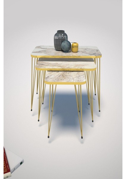 Metal Ayaklı Mermer Desenli 3'lü Zigon Sehpa Seti Altın PVC Kenarlı 55x37x60 cm fiyatları