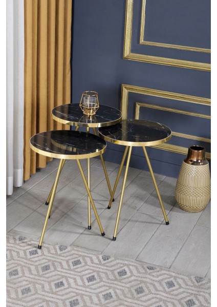 Metal Ayaklı Altın Renk Yonga Levha Üst Tablalı 3'lü Zigon Sehpa Takımı 33x52 cm Şık Tasarım indirimleri