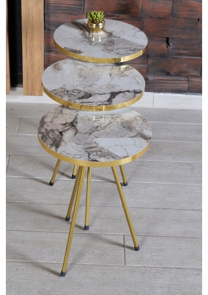 Metal Ayaklı Mermer Desenli 3'lü Zigon Sehpa Seti Altın Renk 33 cm Salon ve Oturma Odası fırsatları