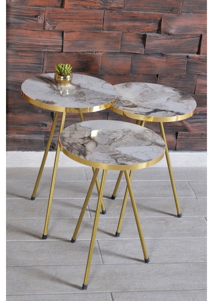 Metal Ayaklı Mermer Desenli 3'lü Zigon Sehpa Seti Altın Renk 33 cm Salon ve Oturma Odası indirimleri
