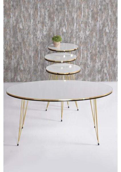 Metal Ayaklı Mermer Desenli 3'lü Zigon Sehpa Seti Altın Renk 33 cm Salon ve Oturma Odası