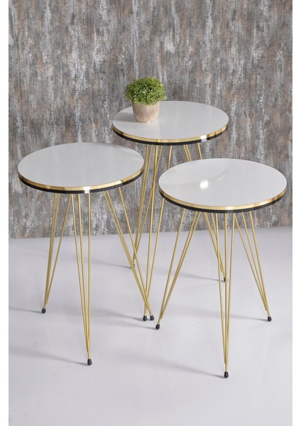 Metal Ayaklı Mermer Desenli 3'lü Zigon Sehpa Seti Altın Renk 33 cm Salon ve Oturma Odası