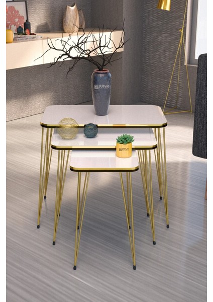 Metal Ayaklı Zigon Sehpa Seti Siyah Yüzey Gold Kenar 37x60x55 cm Minimalist fırsatları