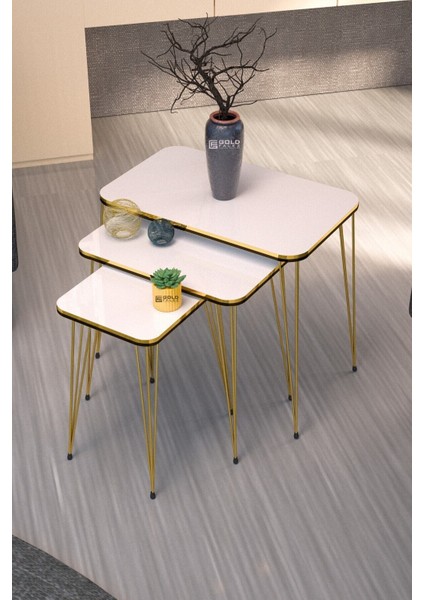 Metal Ayaklı Zigon Sehpa Seti Siyah Yüzey Gold Kenar 37x60x55 cm Minimalist indirimleri