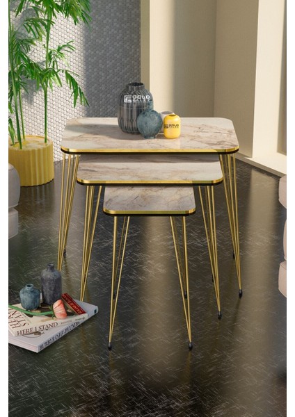 Metal Ayaklı Mermer Desenli 3'lü Zigon Sehpa Seti 37x60 cm Minimalist Tasarım fırsatları