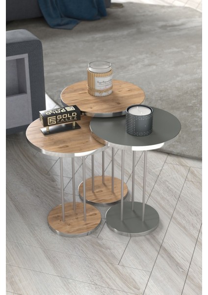 Zigon Sehpa 3'lü Set 34 cm Yonga Levha Üst Tabla Metal Ayaklı Modern Tasarım fırsatları