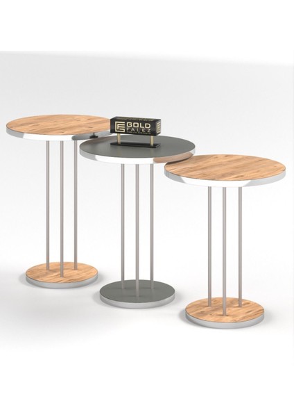 Zigon Sehpa 3'lü Set 34 cm Yonga Levha Üst Tabla Metal Ayaklı Modern Tasarım