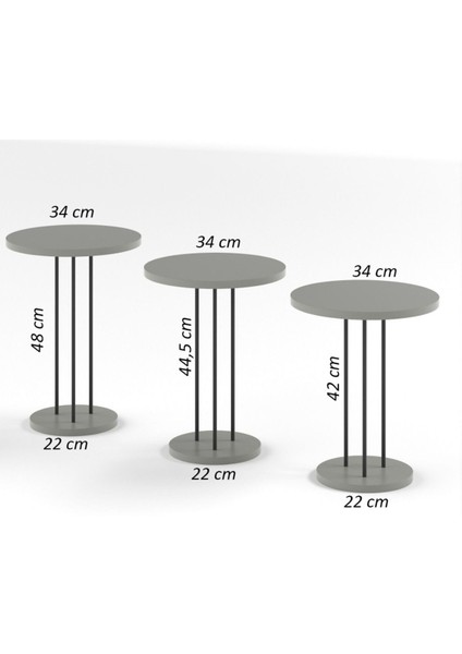 Zigon Sehpa 3'lü Set 34 cm Yonga Levha Üst Tabla Metal Ayaklı Modern Tasarım