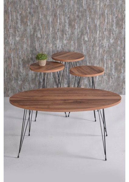 Metal Ayaklı PVC Kenar Bantlı 4 Parça Zigon Orta ve Yan Sehpa Seti 50x90x43 cm Modern Tasarım