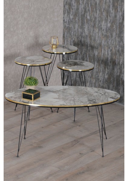 Metal Ayaklı Mermer Desenli 4'lü Zigon Sehpa Seti Siyah Gold Kenarlı 50x90 cm Modern Tasarım modelleri