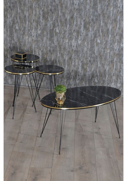 Metal Ayaklı Yuvarlak Zigon Sehpa Takımı 4 Parça 50x90 cm Gold Kenar Detaylı Modern Stil