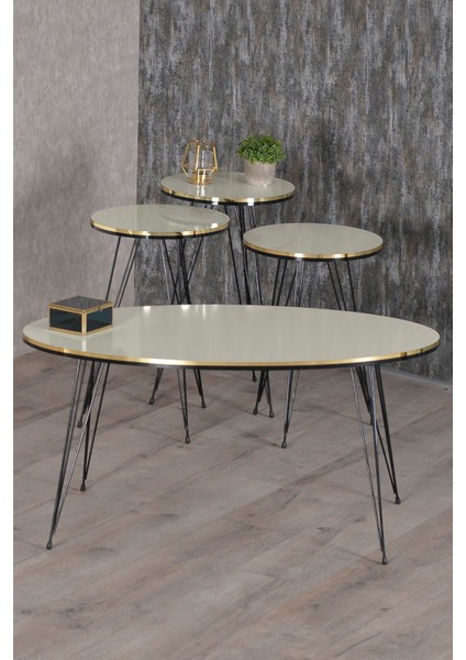Metal Ayaklı Yuvarlak Orta ve Zigon Sehpa Seti Siyah Gold Kenar Detaylı 50x90 cm Modern Minimalist