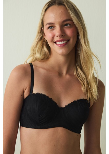 Siyah Lotus Broderi Zebra Desenli Straplez Balenli Dolgusuz Sütyen modelleri