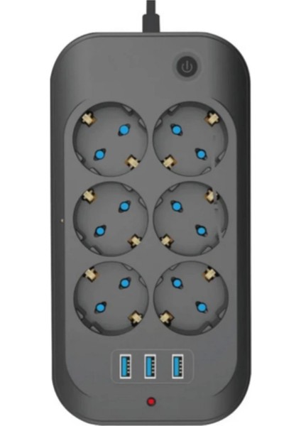 Termal Akım Korumalı, Çocuk Korumalı, 6’lı 2 mt Uzatma Kablosu 6 x Priz, 3 x USB