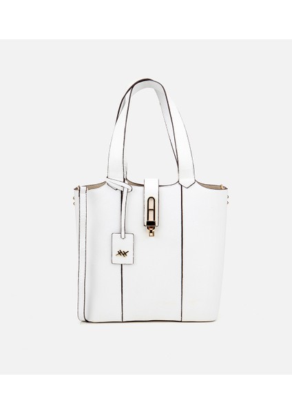 03CAH310290A900 KADIN Deri Beyaz Kilit Detaylı Tote Çanta