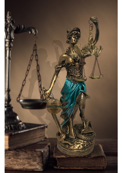 Polyester Antik Gold ve Mavi Themis Adalet Biblosu Dekoratif El İşçiliği Heykel