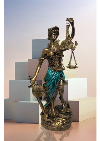 Polyester Antik Gold ve Mavi Themis Adalet Biblosu Dekoratif El İşçiliği Heykel