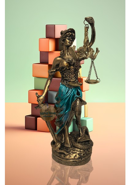 Polyester Antik Gold ve Mavi Themis Adalet Biblosu Dekoratif El İşçiliği Heykel